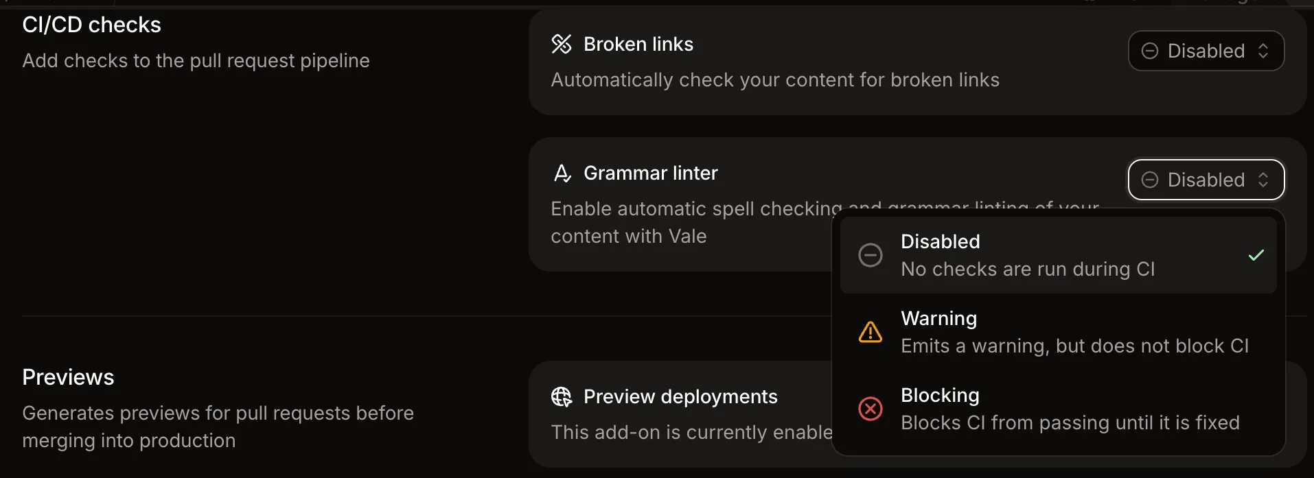 Mintlify's Add-ons settings, showing the Grammar linter check set to Disabled, Warning, or Blocking