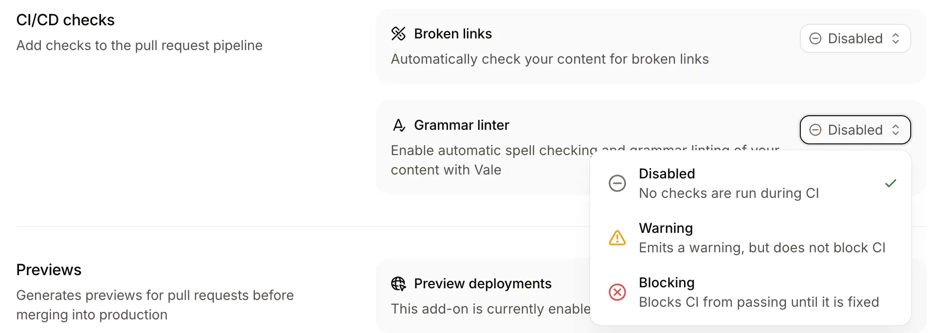 Mintlify's Add-ons settings, showing the Grammar linter check set to Disabled, Warning, or Blocking